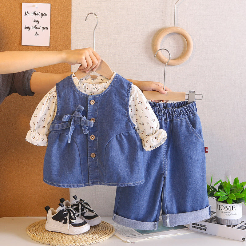 Girls' Floral Denim Spring and Autumn Vest Set 2026 Baby Stylish New Fashionable Children's Three-Piece Trendy Outfit