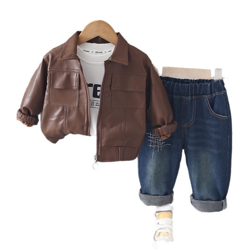 Baby Boy Outfit 2026 New Style Boys' Square-Pocket Leather Jacket Three-Piece Set Stylish Spring and Autumn Clothes for Little Boys