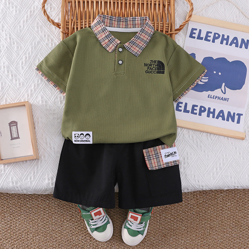 Boys' Outfit 2026 New Children's Plaid Collar Short Sleeve Summer Clothes Baby Embroidered Casual Two-Piece Set Trendy