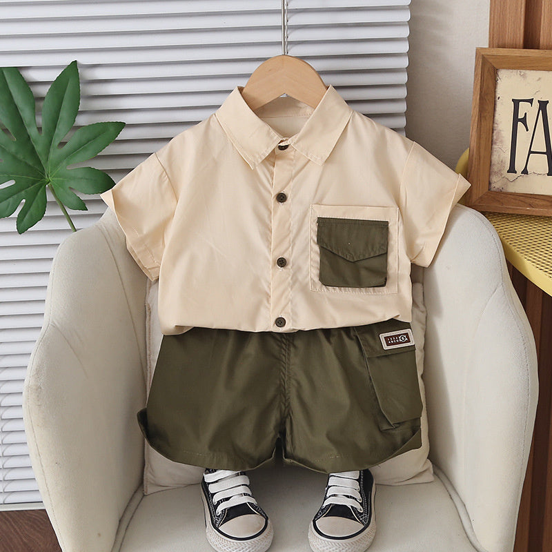 Boys' Outfit 2026 New Style, Cool and Stylish Color-Block Pocket Short-Sleeve Clothes, Trendy Baby Summer Two-Piece Set