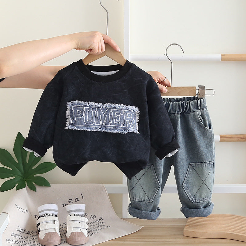 Boys' Spring and Sweatshirt 2025 New Stylish Baby Boy Autumn Letter Patch Long Sleeve Two-Piece Set