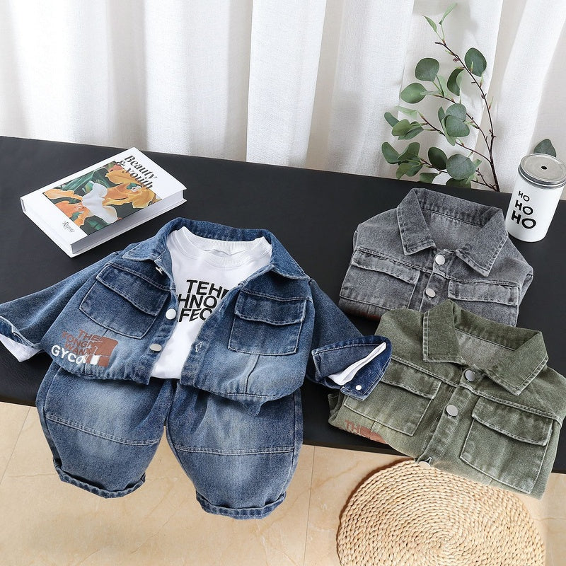 Children's for boys, 2026 outfit stylish baby spring and autumn denim long-sleeve three-piece set, infant clothing wholesale