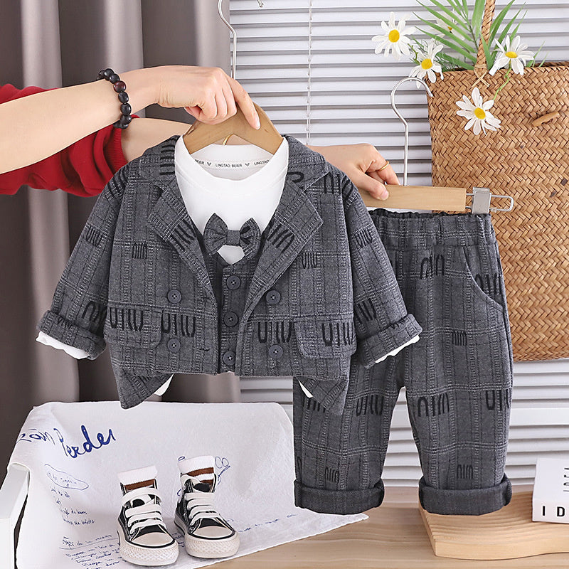 Boys' Outfit 2026 New Fashionable Babies, Spring Autumn Letter Pattern Plaid Suit Three-Piece Set for Infants and Toddlers