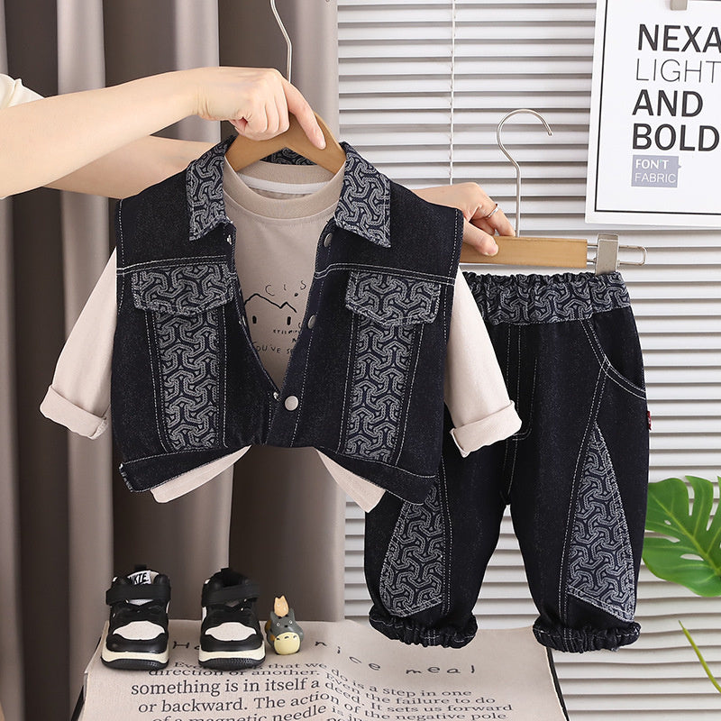 Boys' Autumn Outfit: Color-Contrast Denim Vest 2026 New Fashionable Casual Patchwork Korean Style Three-Piece Set for Children