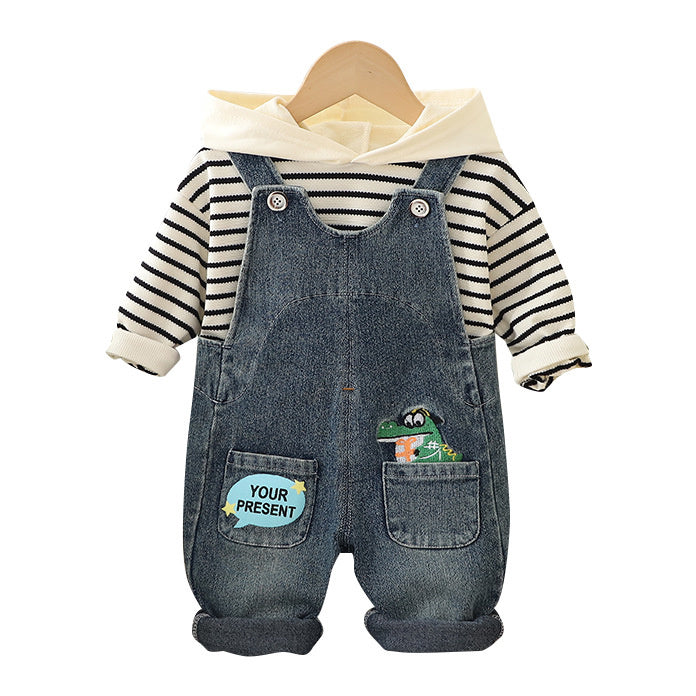 Boys' Spring and Striped Dinosaur Overalls Set 2023 New Baby Children's Clothing Toddler Autumn Fashionable