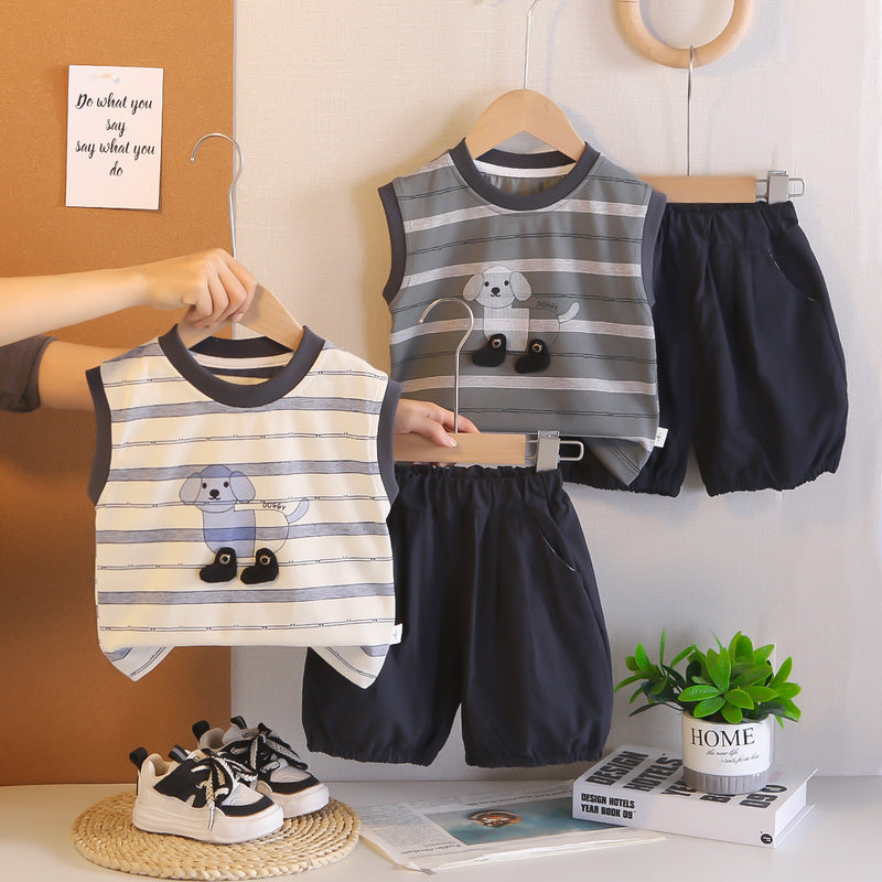 Baby Outfit Set 2026 New Model Boys' Striped Buttoned Puppy Vest Shorts Infant Children's Clothing Toddler Summer Wear