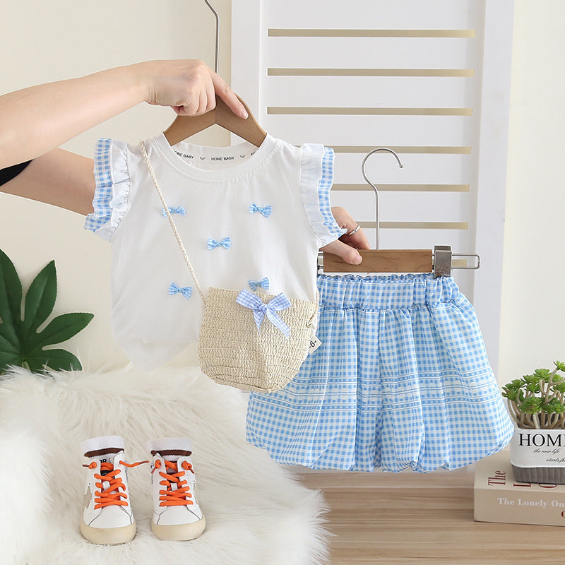 Girls' Outfit: Stylish and Fashionable Children's Clothing, Summer Bow Short-Sleeve Two-Piece Set for 1-Year-Old Baby Girls