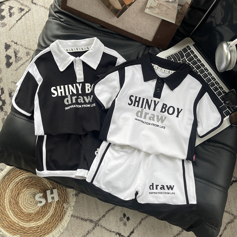 Baby 2026 Black and White Color Block Short Sleeve Korean Style Shorts Infant Boy Summer Clothes Two-Piece Set