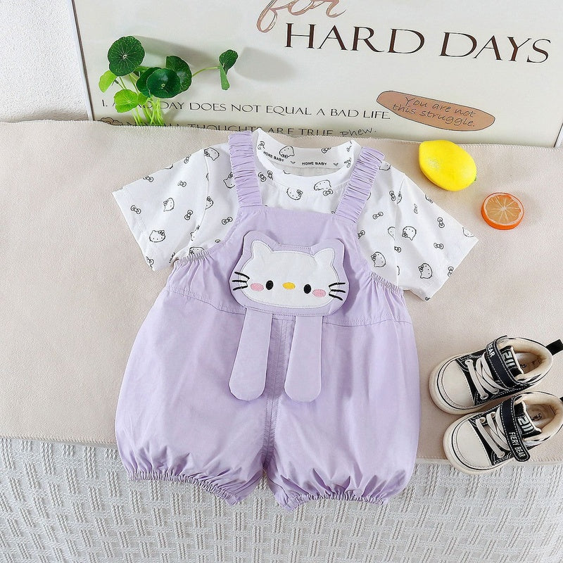 Children's Short-Sleeve 2026 New Summer Cartoon Kitten Overalls and Shorts Two-Piece Set for Girls