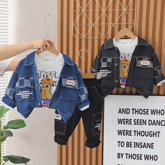 Boys' Spring and Autumn 2023 New Korean Style Casual Denim Three-Piece Set for 1-3 Year Olds