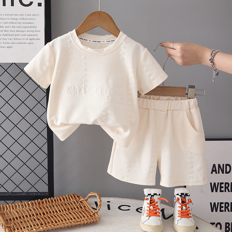 Boys' Outfit: Distressed Bear Short-Sleeve Set 2026 New Fashionable Baby Summer Clothes, Lightweight and Stylish for Children