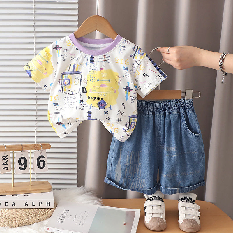 Boys' Outfit Short Sleeve 2026 New Fashionable Baby Children's Full-Print Cartoon Two-Piece Set Summer Toddler Clothing