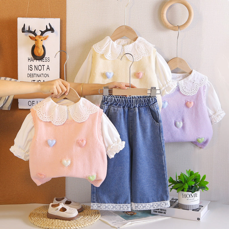 Girls' Outfit Spring and Autumn 2026 New Fashionable Colorful Heart Sweater 3-Piece Set for 1-5 Year Olds