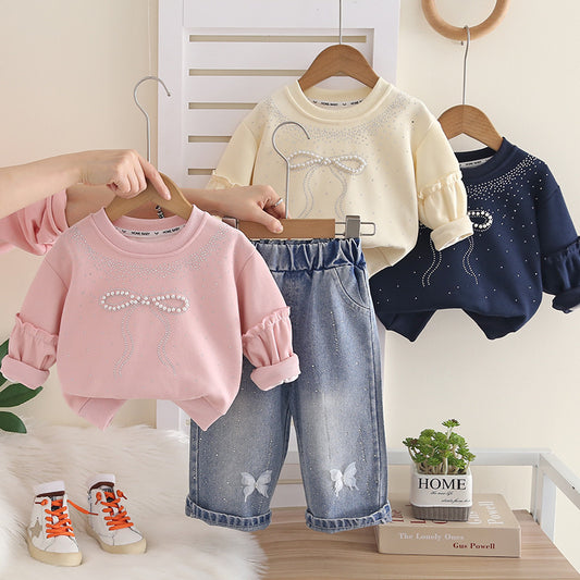 Girls' Sweatshirt Outfit 2026 New Baby Spring and Autumn Bow Two-Piece Set Infant Children's Clothing