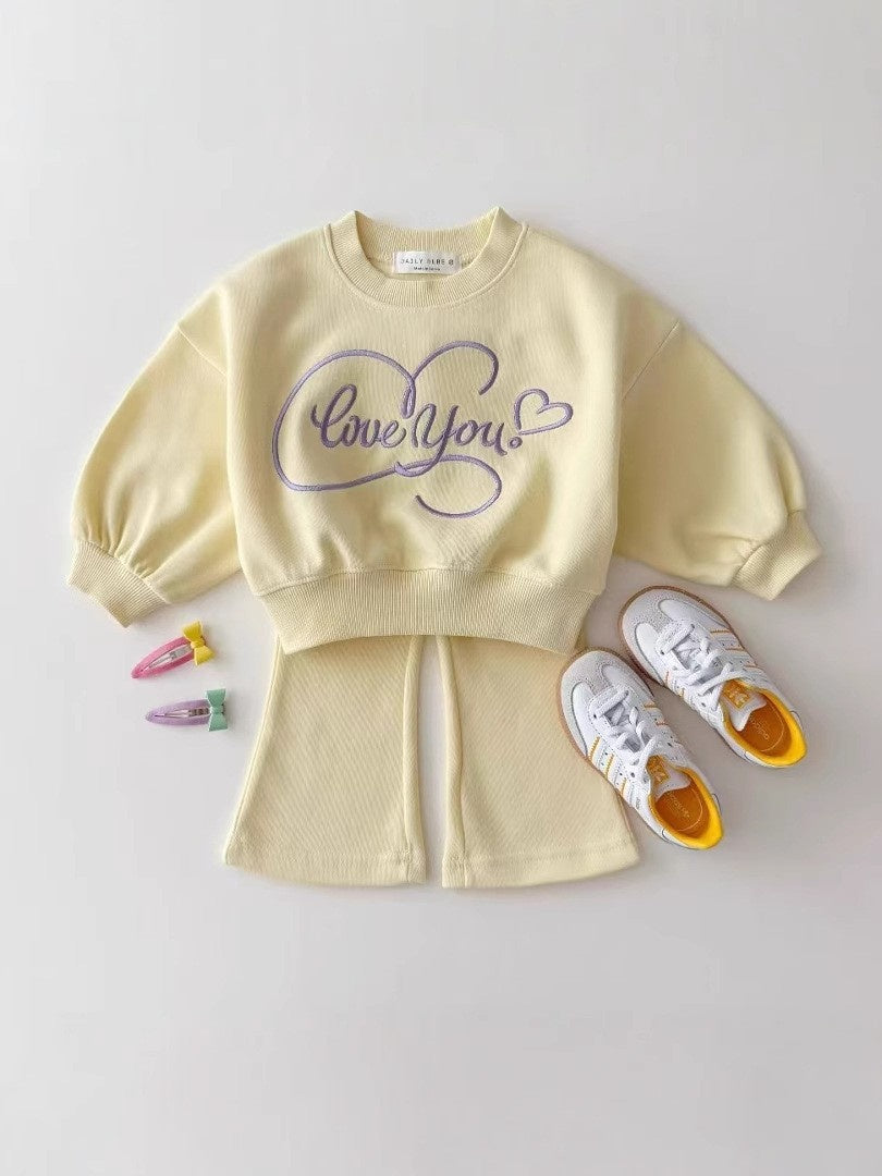 New Spring Autumn Korean Style Casual Heart Embroidery Bow Colorful Girls' Sweatshirt and Sweatpants Solid Color Two-Piece Set