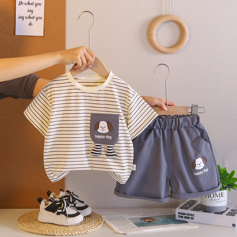 Boys' Outfit 2026 New Fashionable Striped Puppy Two-Piece Set Baby Summer Short Sleeve Shorts Infant Toddler