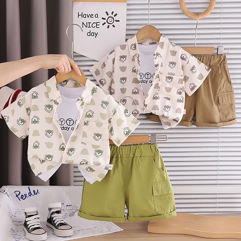 Boys' Summer Full-Print Bear Head Short-Sleeve Shirt Set, Thin Children's Clothing for One-Year-Old Baby Boys