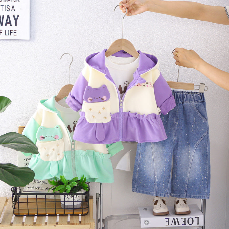 Girls' Spring and Autumn Fashionable Outfit, Children's Clothing 2026 New Cute Long-Tailed Bear Three-Piece Set, Trendy Baby Girl Wholesale