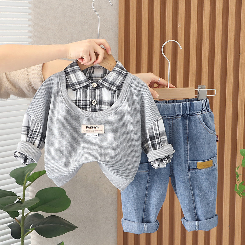 Suit 2025 Autumn Children's Plaid Fake Two-Piece Set Long Sleeve Spring New Boys' Baby One-Piece Dropshipping