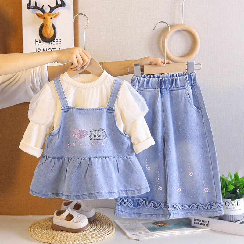 Girls' Outfit 2026 New Fashionable Children's Clothing Baby Denim Suspender Skirt Three-Piece Set Spring and Autumn Clothes