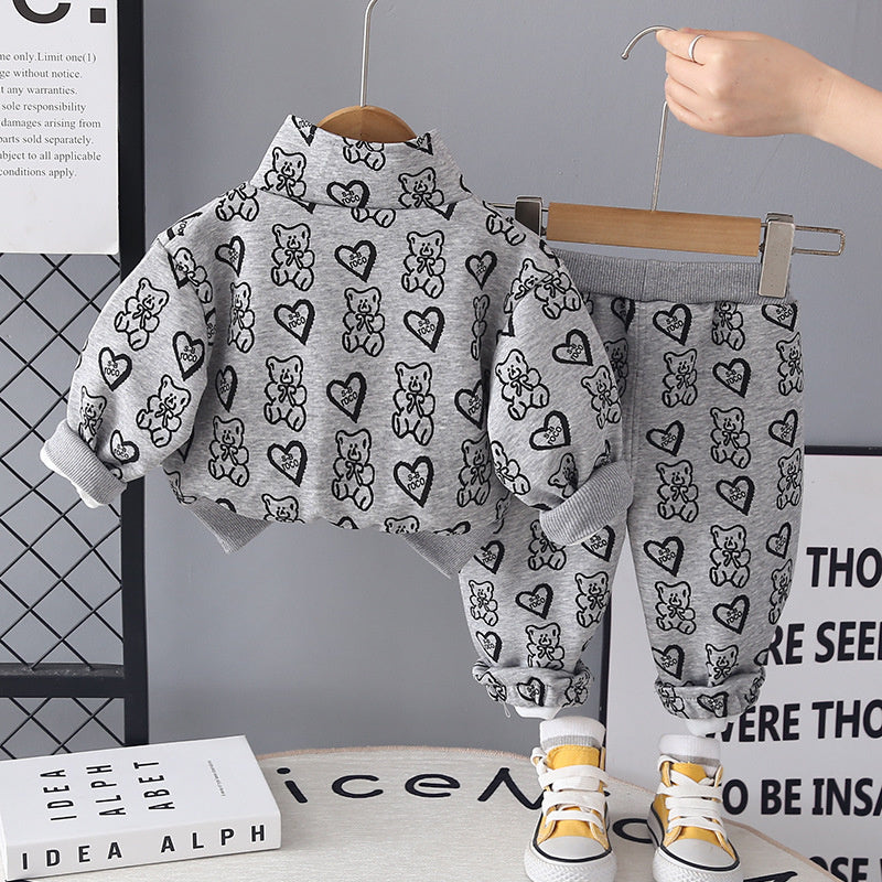 Girls' Casual Zipper Shirt 2026 New Baby Spring and Autumn Full-Print Heart Bear Jacket Three-Piece Set
