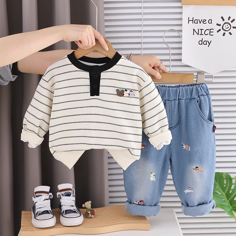 Boys' Outfit 2026 New Striped Patchwork Sweatshirt Two-Piece Set Baby Spring Stylish Toddler Clothes Children's Clothing