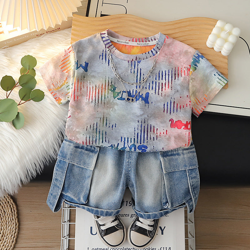 Boys' Summer Outfit Set 2026 New Fashionable Stylish Toddler Short Sleeve Shirt with Gradient Lines and Pants for Baby Boys