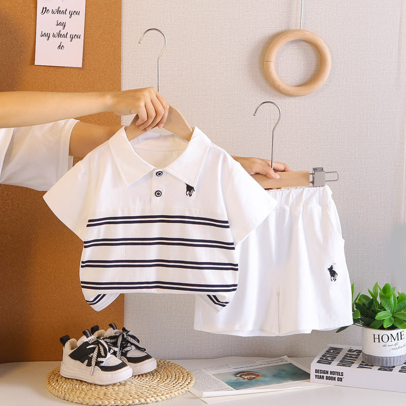 Boys' Summer Outfit: Children's Cartoon Striped Polo Shirt Short-Sleeve Shorts Two-Piece Set, Lightweight Clothing for Toddlers and Babies