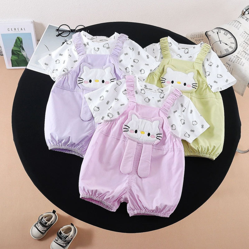 Children's Short-Sleeve 2026 New Summer Cartoon Kitten Overalls and Shorts Two-Piece Set for Girls