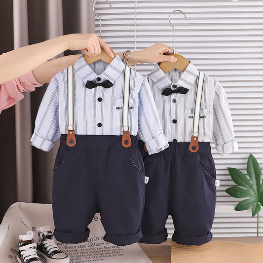 Children's Long-Sleeve Vertical Stripe Shirt Overalls Set 2026 New Style Boys' Spring and Autumn Casual Two-Piece Outfit