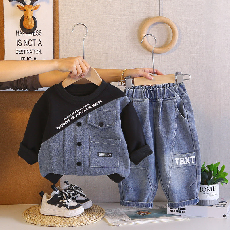 Boys' spring fashion patchwork denim sweatshirt two-piece set, stylish toddler clothes for spring, trendy baby and children's clothing