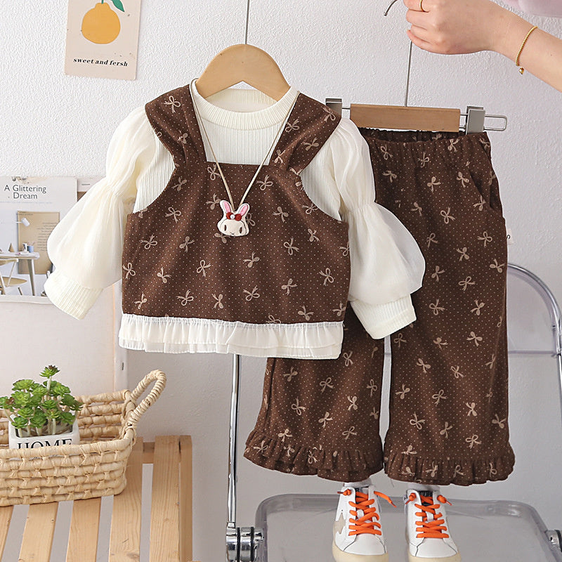Girls' Autumn Three-Piece Set with Bunny Pendant 2026 New Fashionable and Stylish Spring Outfit for Baby Girls
