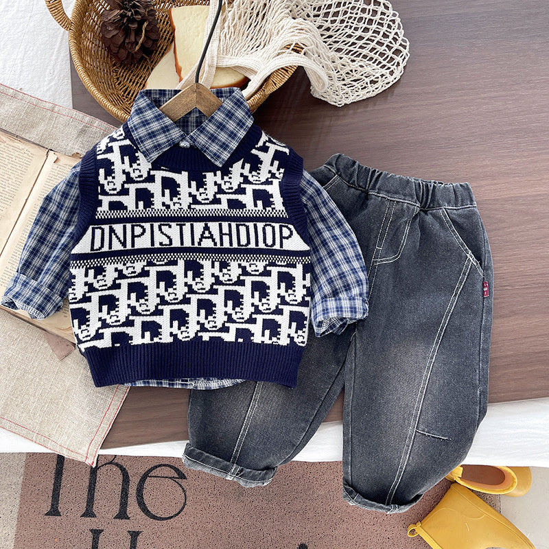 Boys' clothing shirt sweater set, spring autumn style, trendy and cool, stylish long-sleeve three-piece set for 1-5 year old boys