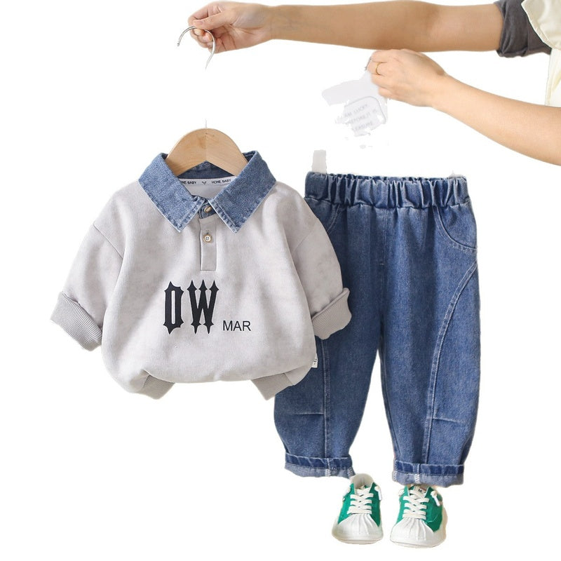 Boys' Spring and 2026 New Set: Children's Korean-style Denim Collar Sweatshirt, Baby's Autumn Two-piece Casual Outfit