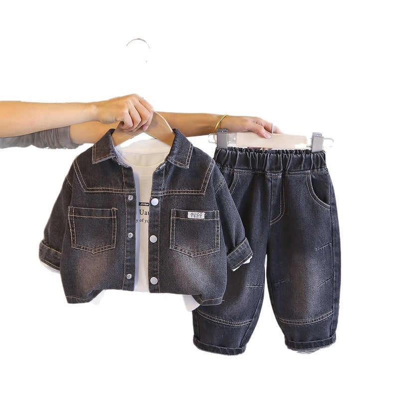 Outfit 2026 New Style Children's Boys' Spring and Autumn Stylish Solid Color Denim Jacket Three-Piece Set Trendy