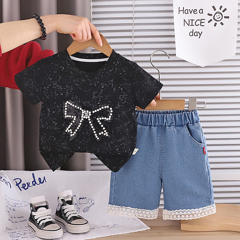 Girls' short-sleeve outfit with large bow, thin style, stylish children's clothing, 2-piece baby summer outfit, trendy