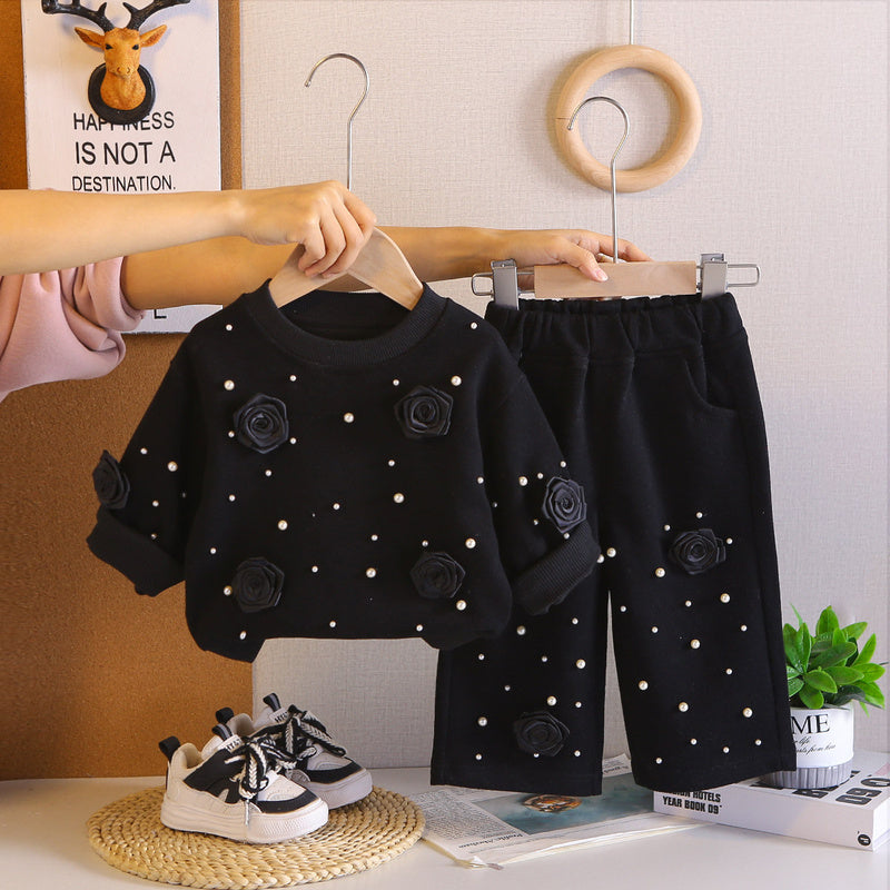 Girls' spring outfit set, stylish and fashionable, for 0-3 year old baby girls, beaded rose flower clothing, trendy children's clothes