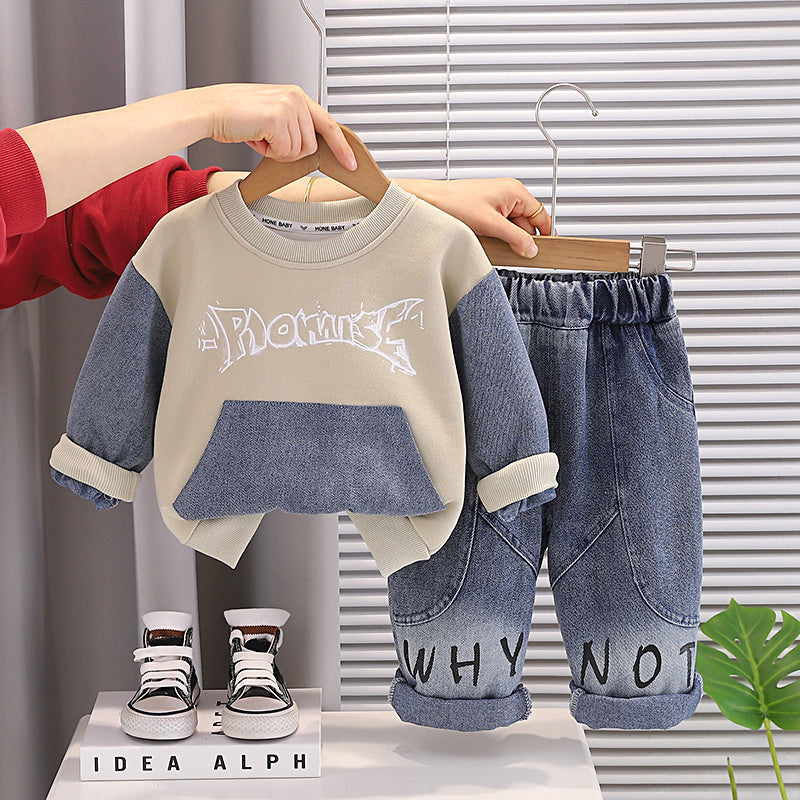 Boys' Outfit 2026 New Fashionable Denim Pocket Sweatshirt Set Baby Autumn Stylish Trendy Infant Children's Fashion
