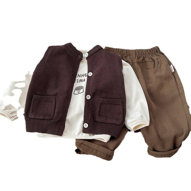 Spring Autumn Suit 2024 Children's Fashionable New Style Little Boys Cool and Handsome Clothes Baby Vest Cardigan Three-piece Set