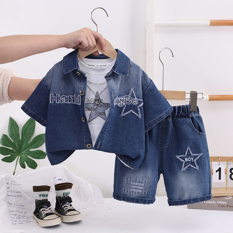 Boys' Summer Outfit 2026 New Fashionable Children's Star Denim Short Sleeve Shorts Three-Piece Set Baby Casual Trendy