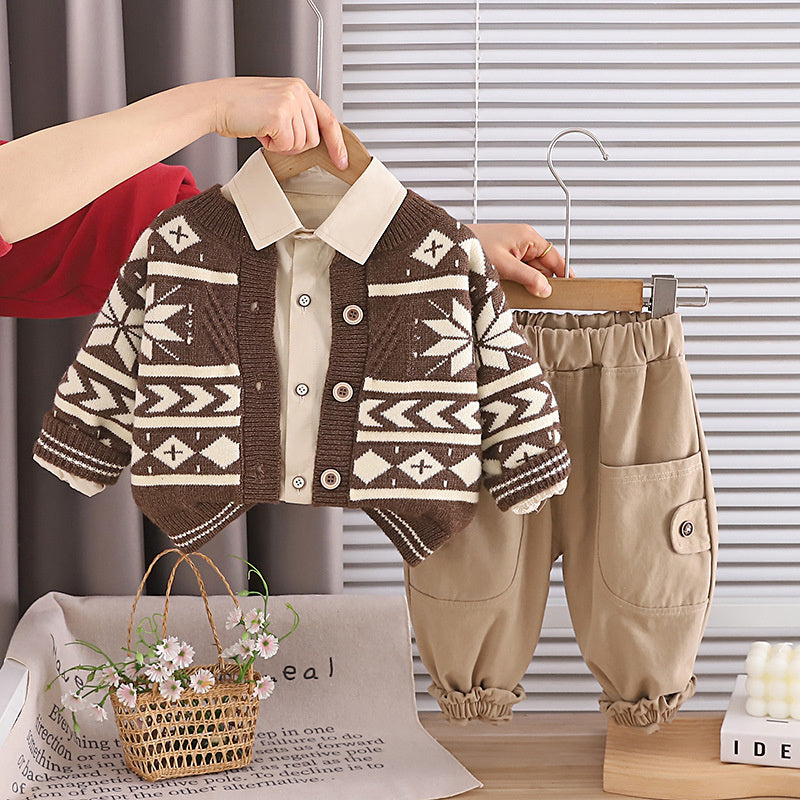 Children's Outfit Spring Clothing 2026 New Style Toddler Sweater Snowflake Jacket Boys' Clothes 1-3 Years Old Three-Piece Set