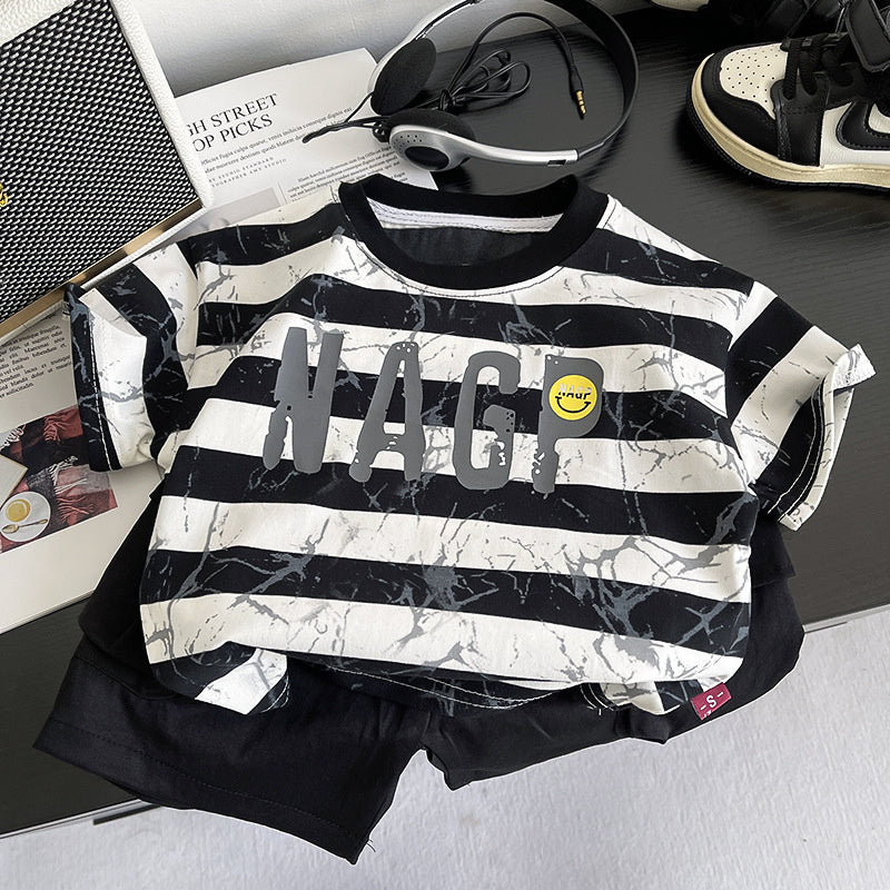 Boys' Outfit 2026 New Stylish Striped Smiley Face Short Sleeve Two-Piece Set Baby Summer Clothes Trendy Children's Wear