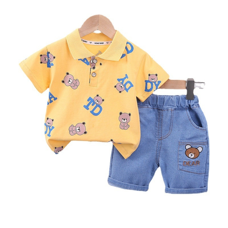 Baby Summer Outfit 2023 New Stylish Fashionable Children's Short-Sleeve Suit with Bear Print and Turn-down Collar for Boys