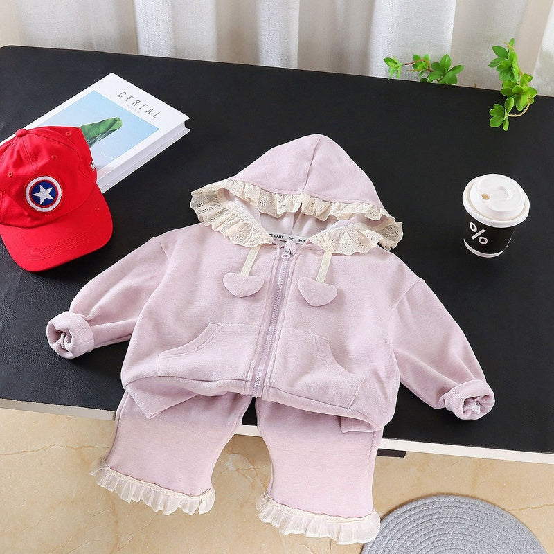 Girls' Outfit 2026 New Style Baby Spring and Autumn Lace Hoodie Two-Piece Set Stylish Children's Clothing for Little Kids