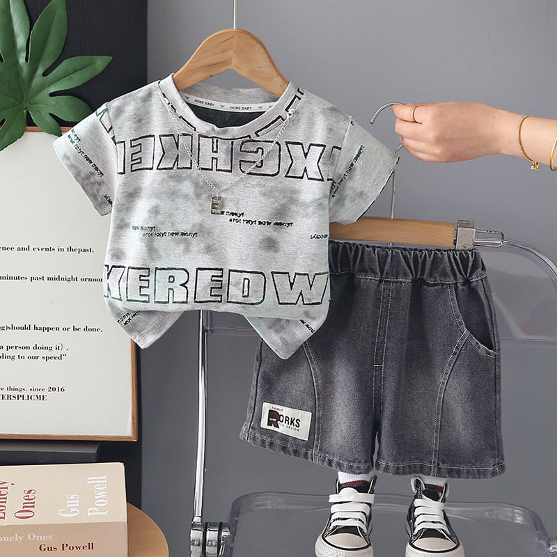 Boys' Outfit: Double-Row Letter Jacquard Short-Sleeve Set, 2026 New Summer Style, Toddler Baby Shorts Two-Piece Trendy Set