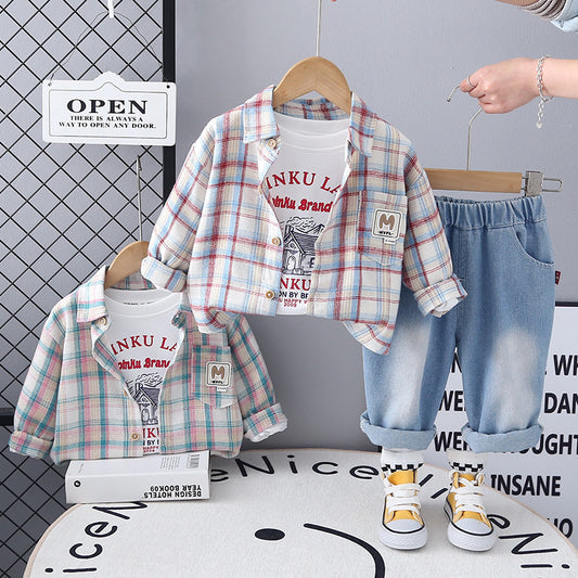 2025 Children's Autumn Outfit Stylish Plaid Shirt Three-Piece Set for 1-3-4 Year Old Boys Korean Style Boys' Clothing