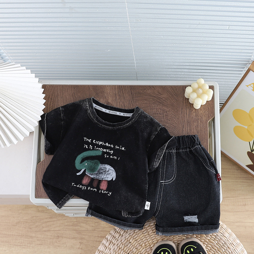 Boys' Outfit 2026 New Baby Elephant Round Neck Short Sleeve Two-Piece Set Children's Summer Clothes Trendy Kids' Clothing