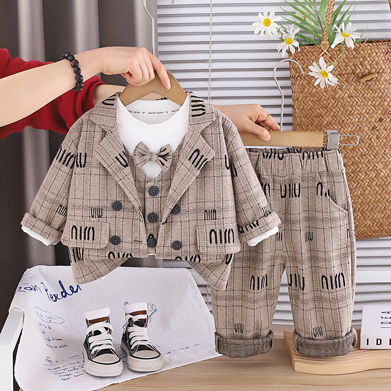 Boys' Outfit 2026 New Fashionable Babies, Spring Autumn Letter Pattern Plaid Suit Three-Piece Set for Infants and Toddlers