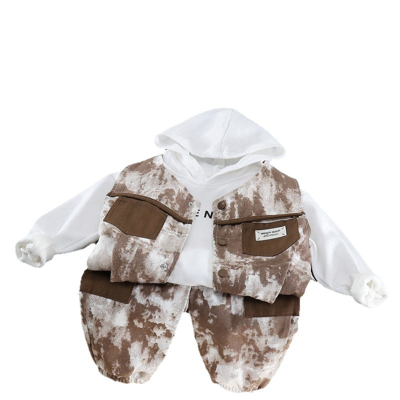 Boys' Outfit 2026 New Spring and Style Children's Fashionable Hooded Sweatshirt Baby Autumn Tie-Dye Vest Three-Piece Set