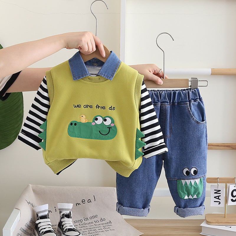 Children's Clothing Boys' 2024 New Cute Crocodile Vest Three-Piece Set Baby Autumn Stylish Cartoon Kids